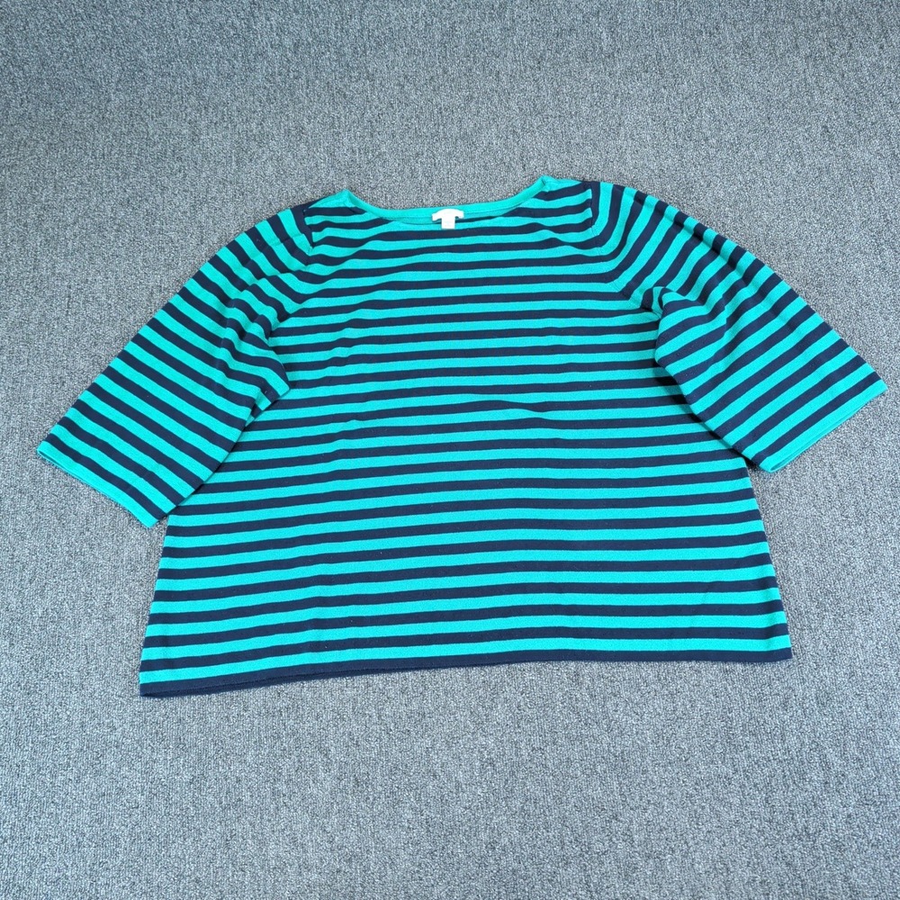 J. Jill Classic Nautical Striped Boat Neck Sweater Women 2X Teal Navy